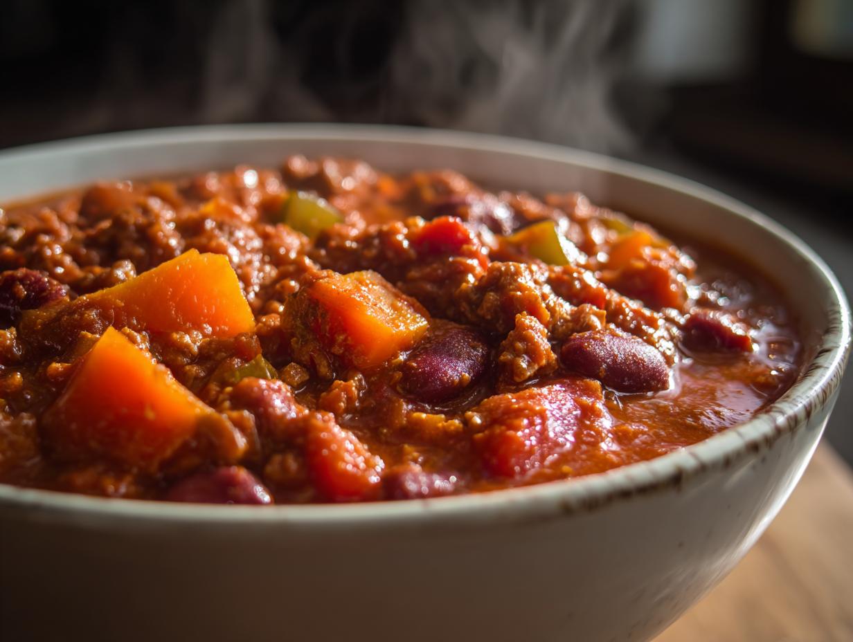 Close-up of a steaming bowl of hearty pumpkin chili, showing chunks of pumpkin, kidney beans, and ground meat.