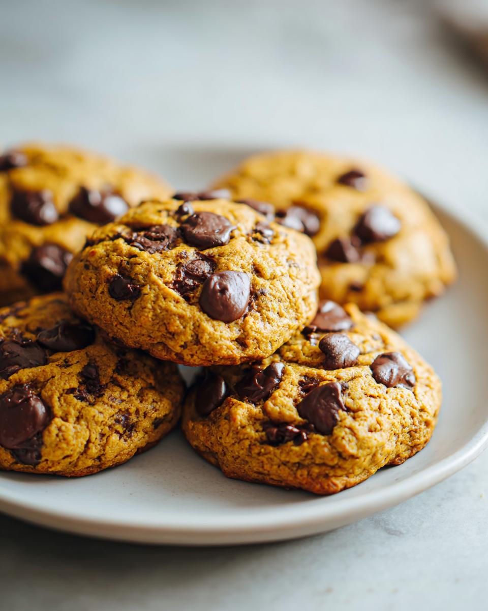 A close-up of several soft pumpkin chocolate chip cookies piled on a plate, showcasing generous amounts of melted chocolate chips.