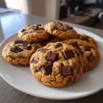 A pile of freshly baked pumpkin chocolate chip cookies on a white plate, generously studded with chocolate chunks.