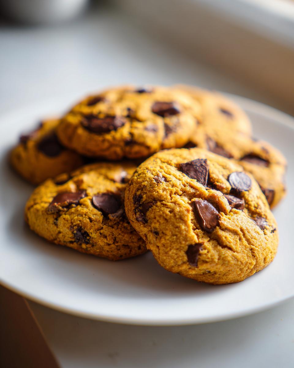 A close-up of several soft pumpkin chocolate chip cookies piled on a white plate.