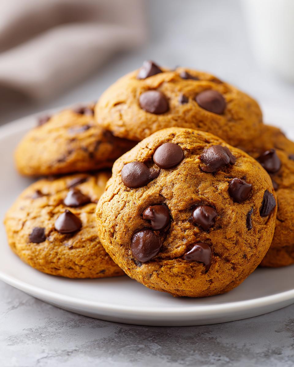 A close-up of several soft pumpkin chocolate chip cookies piled on a white plate, showcasing melted chocolate chips.