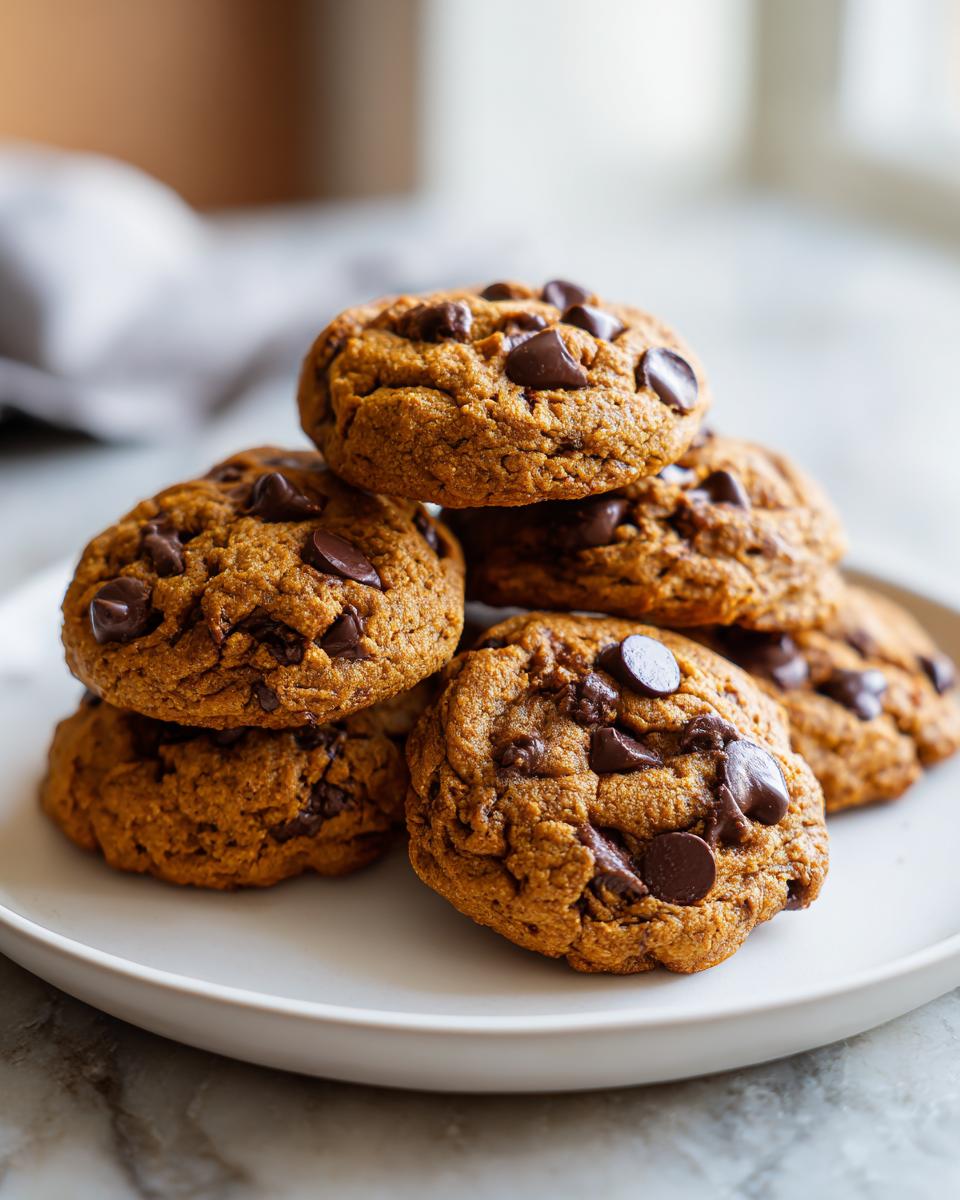 A stack of freshly baked pumpkin chocolate chip cookies on a white plate, with rich chocolate chips throughout.