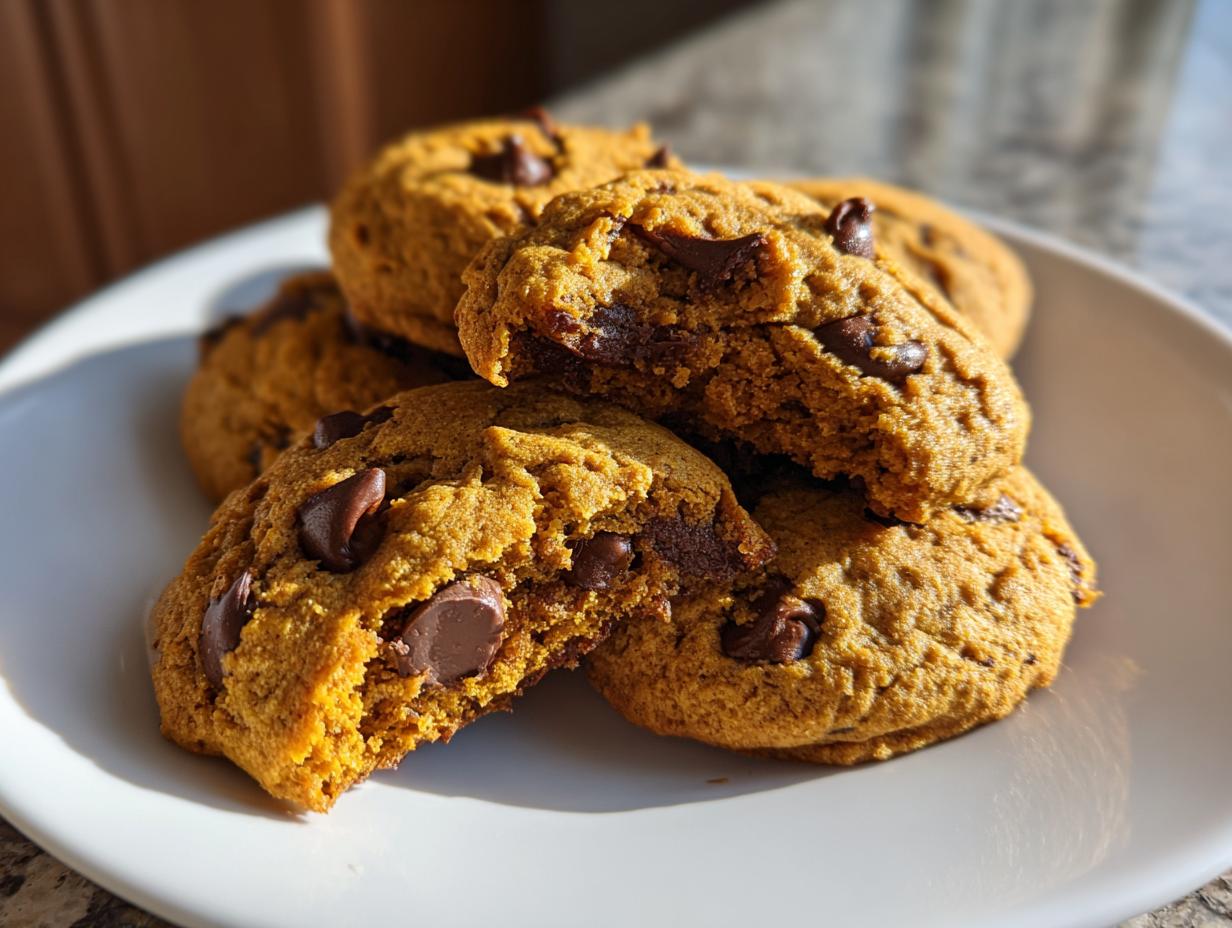 A stack of delicious pumpkin chocolate chip cookies on a white plate, one cookie broken to show the gooey chocolate chips inside.