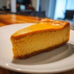 A delicious slice of pumpkin cottage cheese cheesecake on a white plate, showcasing its creamy texture and graham cracker crust.