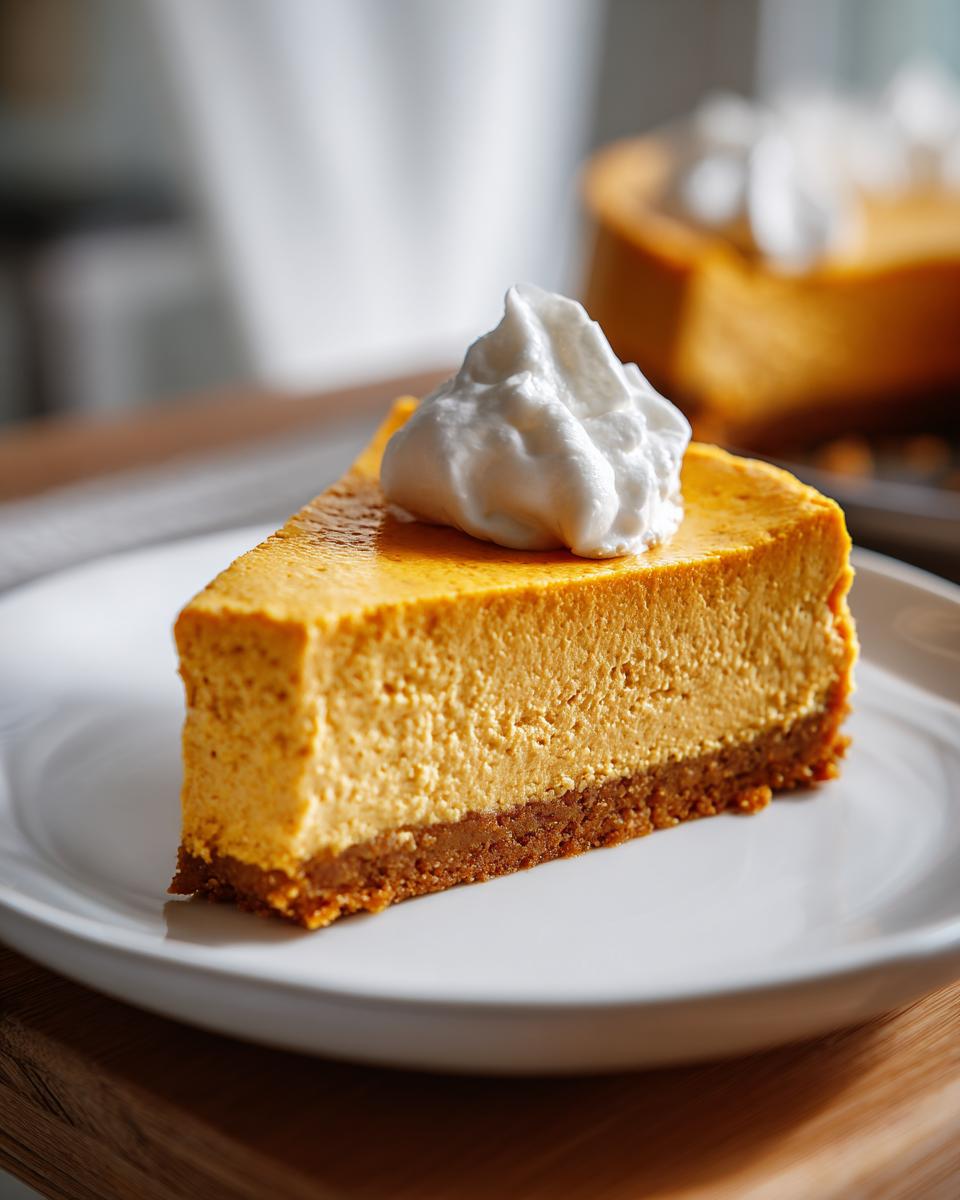 A slice of pumpkin cottage cheese cheesecake topped with whipped cream on a white plate.