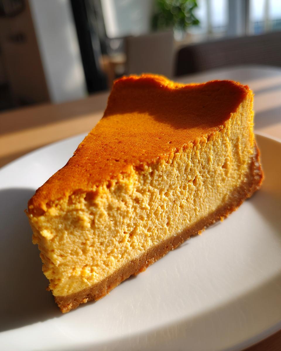 A delicious slice of pumpkin cottage cheese cheesecake on a white plate, bathed in warm sunlight.