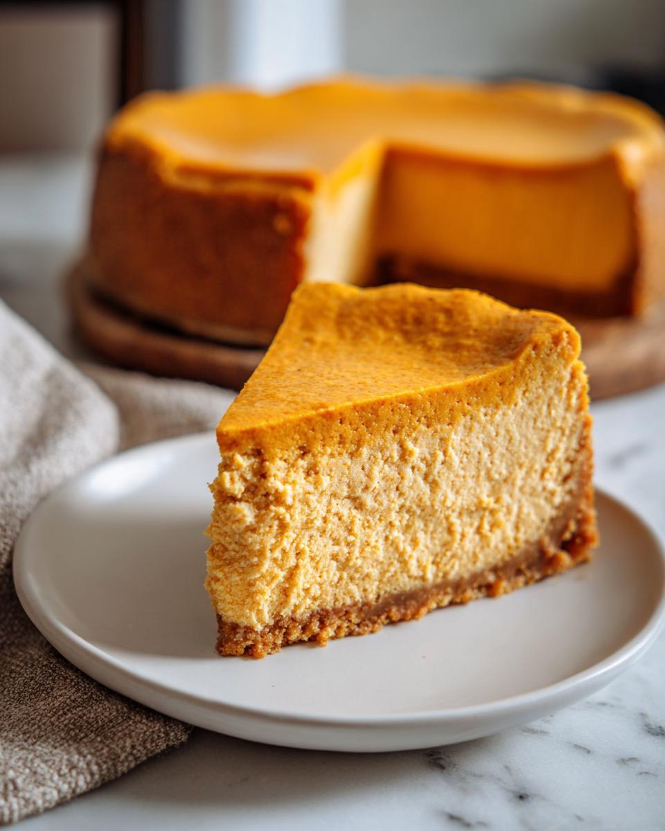 A delicious slice of pumpkin cottage cheese cheesecake on a white plate, with the rest of the cheesecake in the background.