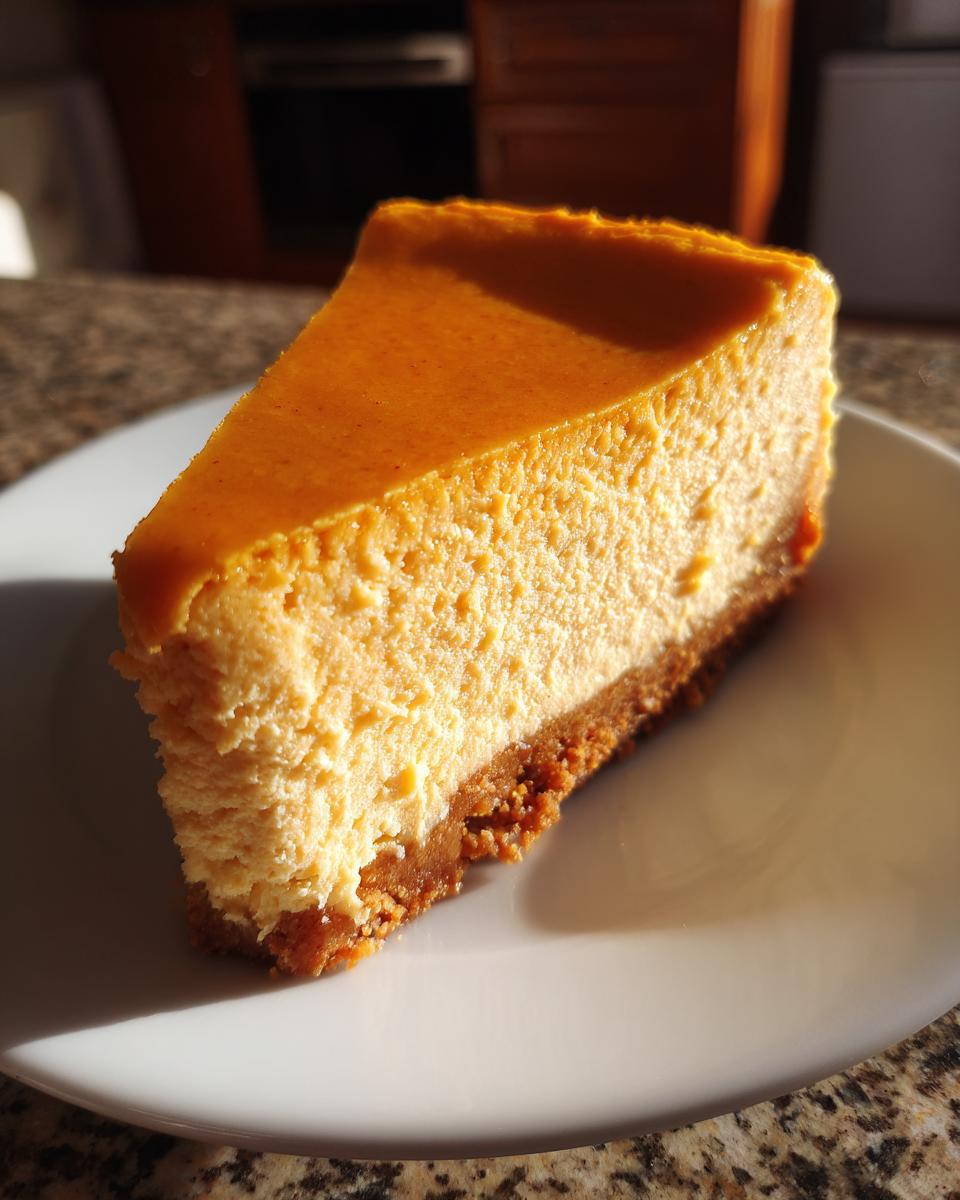 A perfect slice of pumpkin cottage cheese cheesecake on a white plate, showcasing its creamy texture and graham cracker crust.