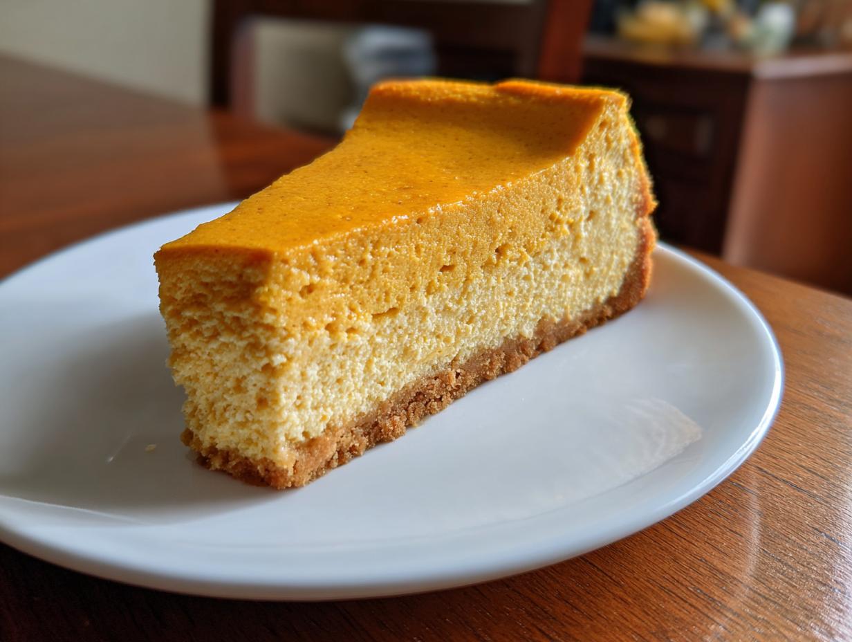 A delicious slice of pumpkin cottage cheese cheesecake with a graham cracker crust on a white plate.