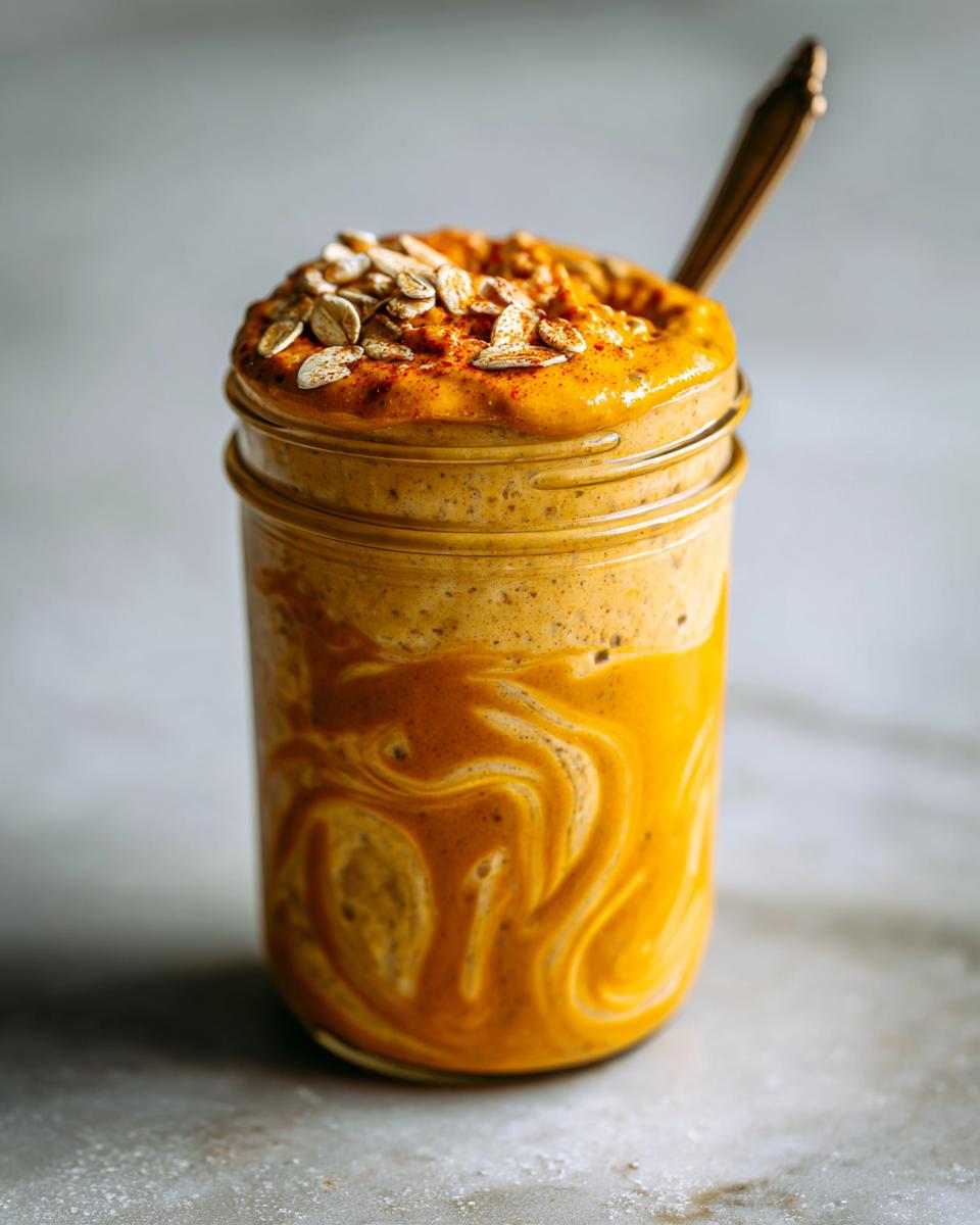 Close-up of Pumpkin Overnight Oats in a mason jar, topped with oats and a spoon.