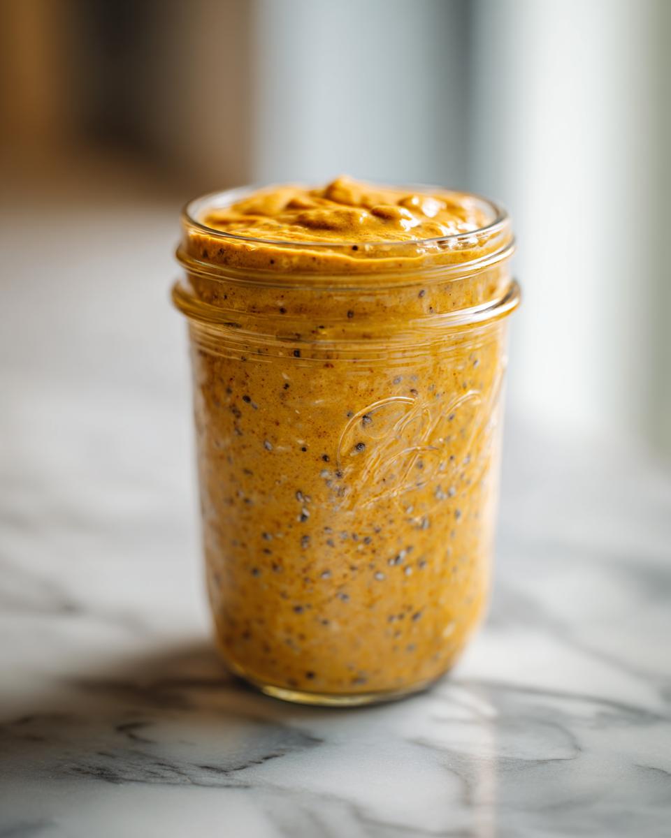 A glass jar filled with creamy Pumpkin Overnight Oats, showing visible chia seeds and a swirl of pumpkin puree on top.