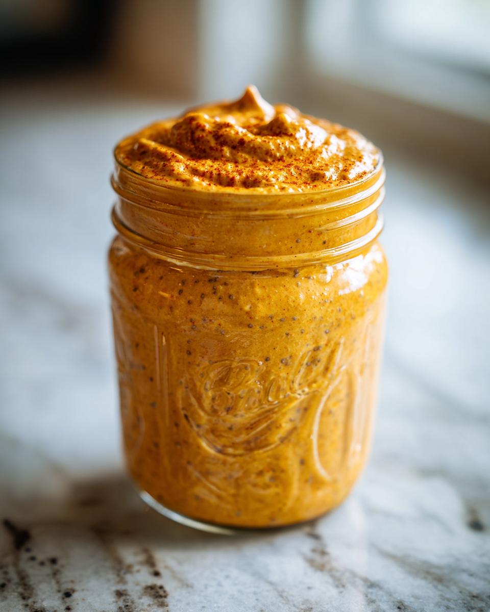 Close-up of creamy pumpkin overnight oats in a mason jar, topped with cinnamon.