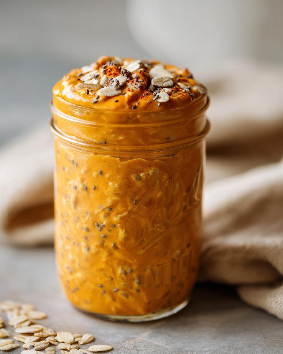 Close-up of creamy Pumpkin Overnight Oats in a mason jar, topped with seeds and oats.