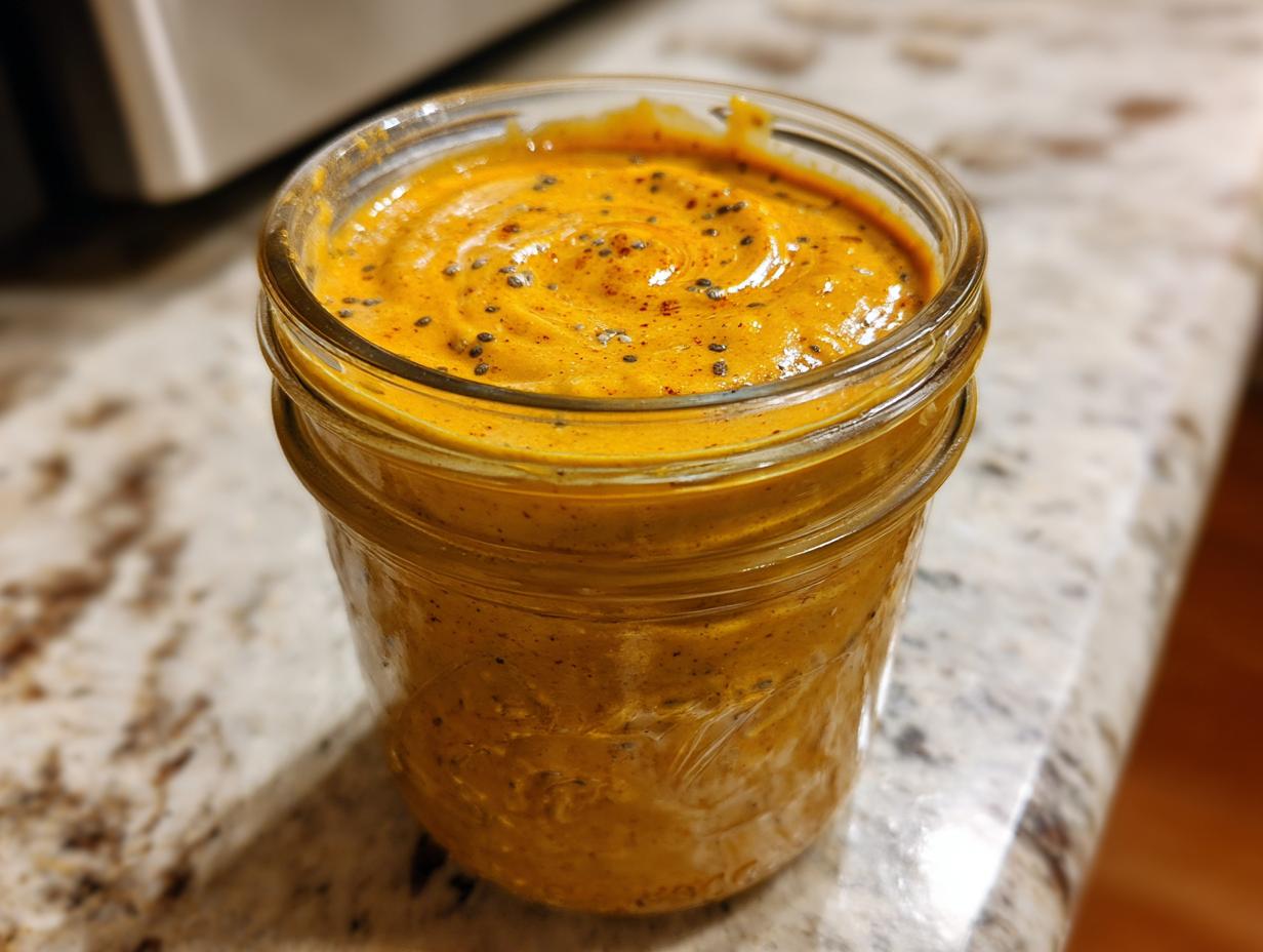 A close-up of pumpkin overnight oats in a glass jar, topped with chia seeds and a sprinkle of spice.