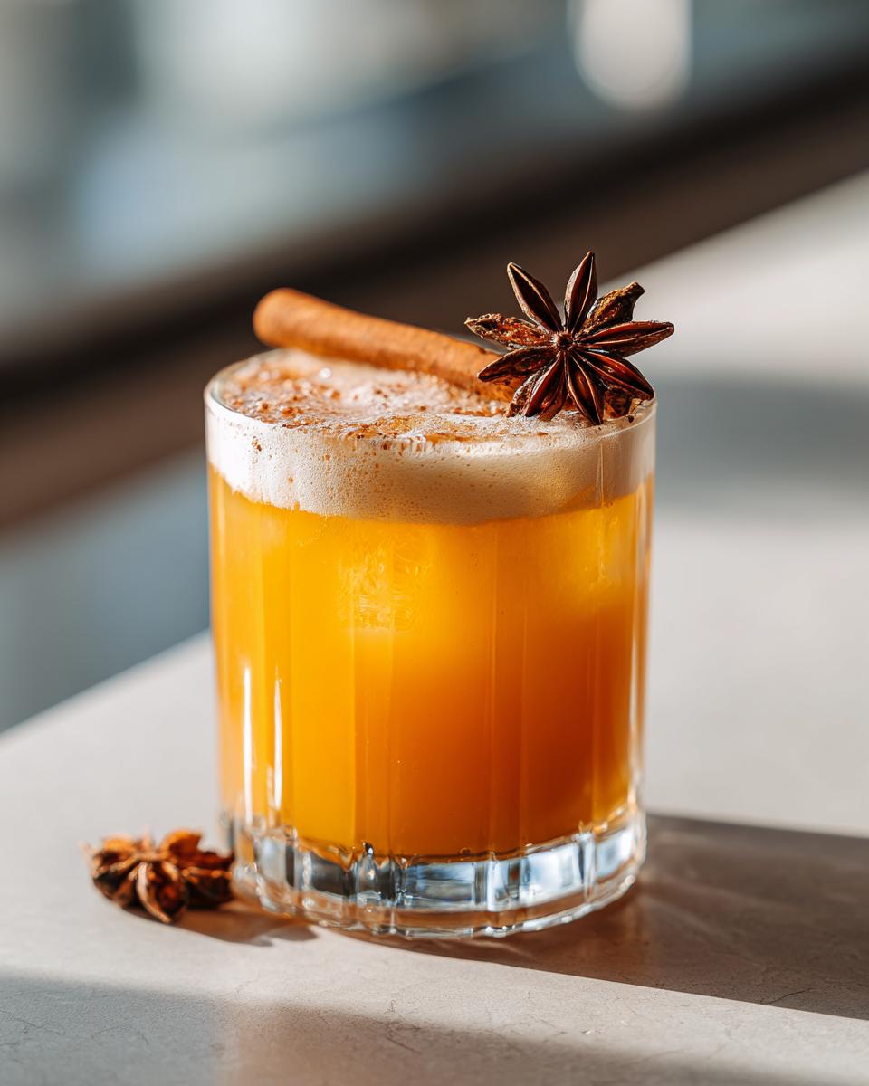 A festive Pumpkin Pie Ginger Smash cocktail in a glass, garnished with a cinnamon stick and star anise.