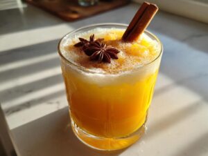 A refreshing Pumpkin Pie Ginger Smash cocktail garnished with star anise and a cinnamon stick.
