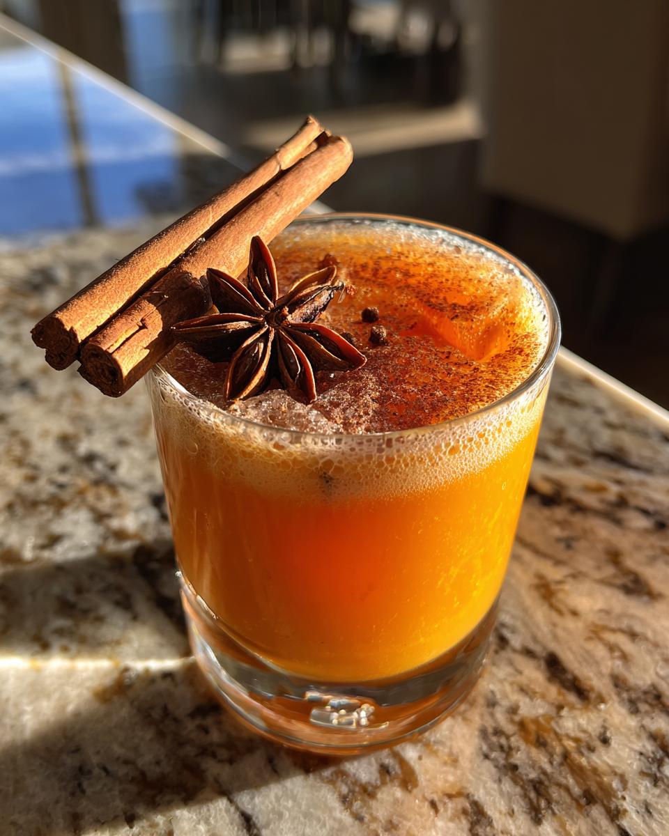 A festive Pumpkin Pie Ginger Smash cocktail in a glass, garnished with cinnamon sticks and star anise.