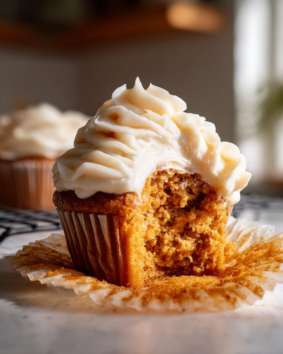 Close-up of a delicious pumpkin spice cupcake with a bite taken out, revealing moist crumb and creamy frosting.