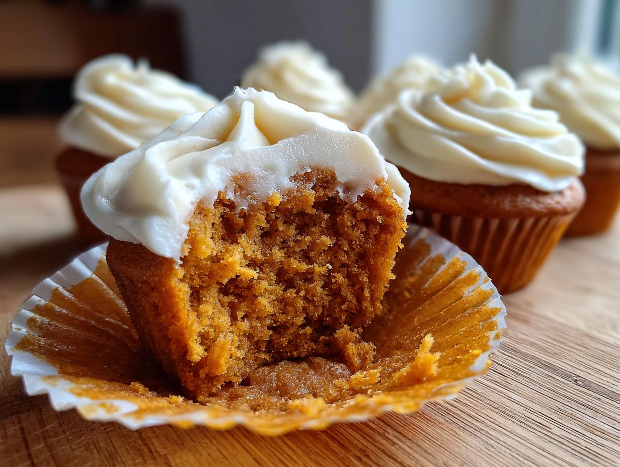 A close-up of a perfect pumpkin spice cupcake, with a bite taken out, showing the moist crumb and creamy frosting.