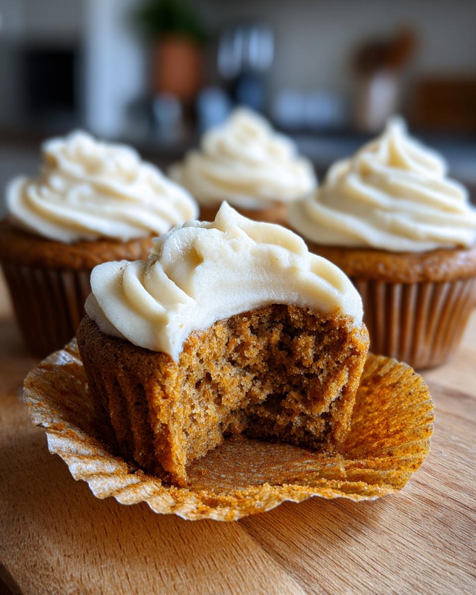 A close-up of a delicious pumpkin spice cupcake with a bite taken out, revealing the moist interior and topped with creamy frosting.