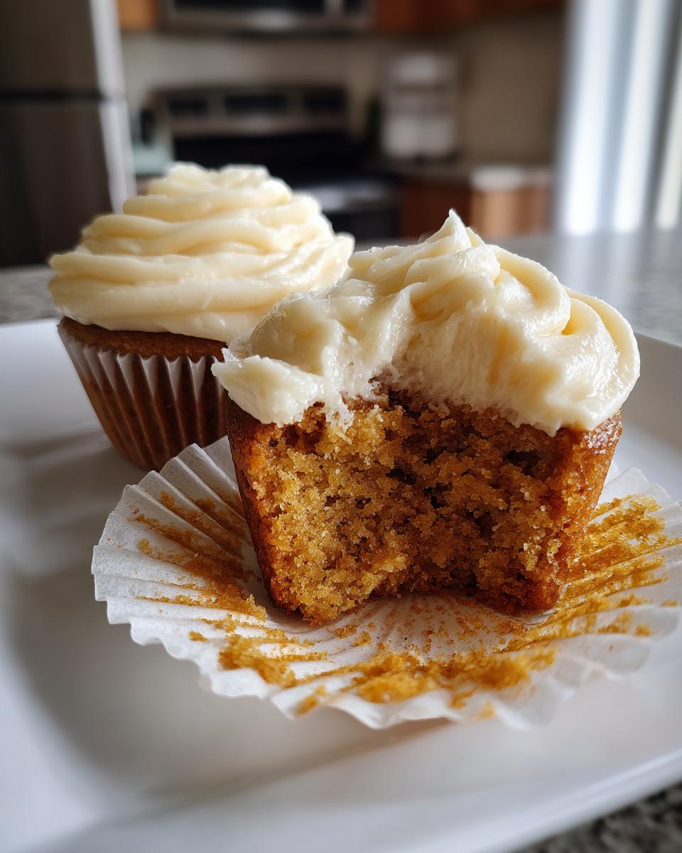 Close-up of two pumpkin spice cupcakes, one with a bite taken out, showing the moist crumb and creamy frosting.