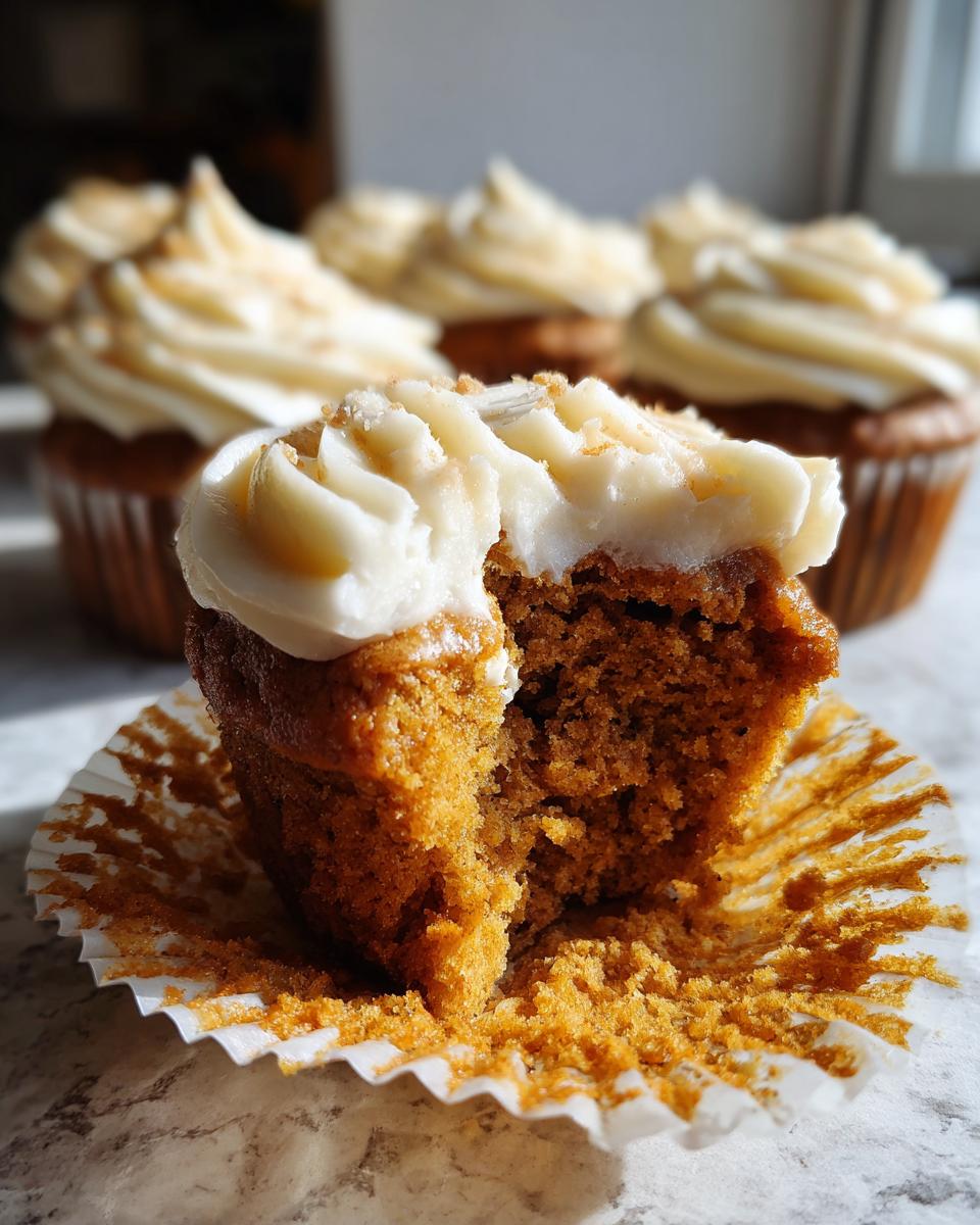 Close-up of a perfectly baked pumpkin spice cupcake, split open to reveal its moist crumb, topped with creamy frosting.