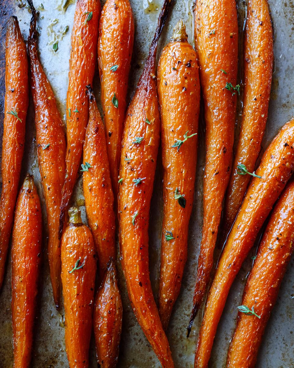Close-up of perfectly roasted carrots, glistening with glaze and sprinkled with fresh thyme.
