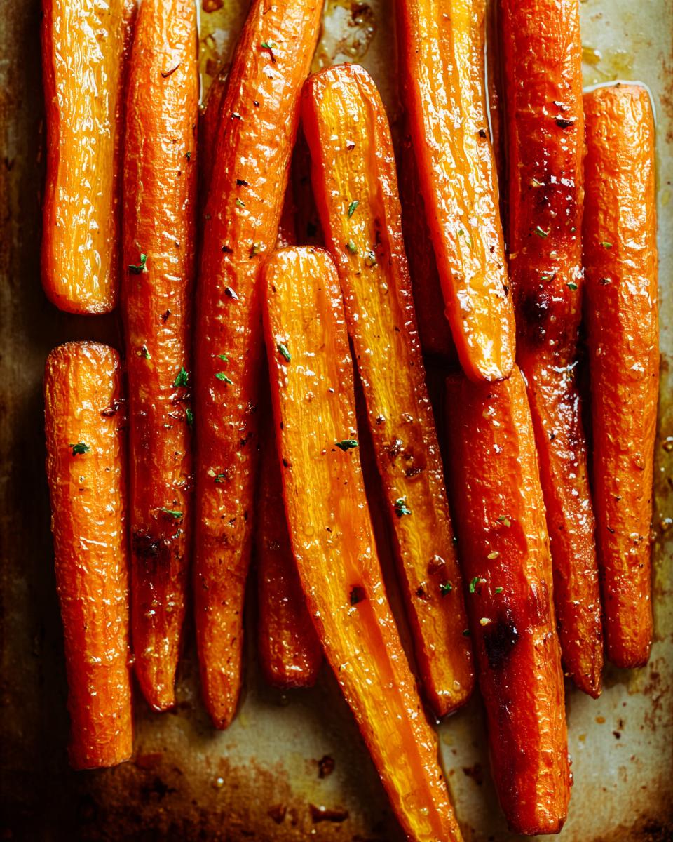 Close-up of glistening, golden roasted carrots with herbs on a baking sheet.