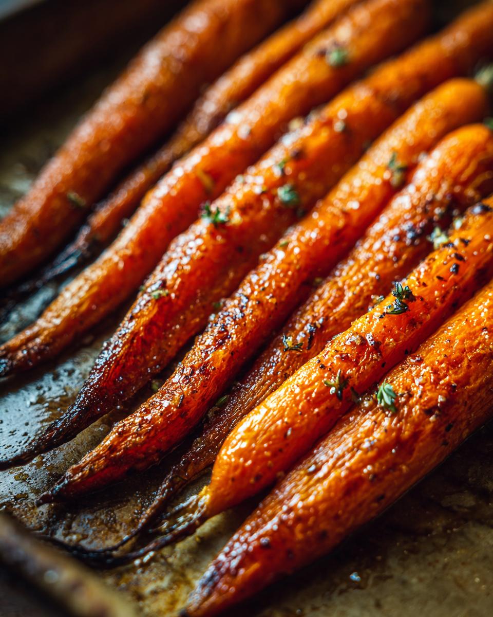 Close-up of golden brown roasted carrots seasoned with herbs on a baking sheet.