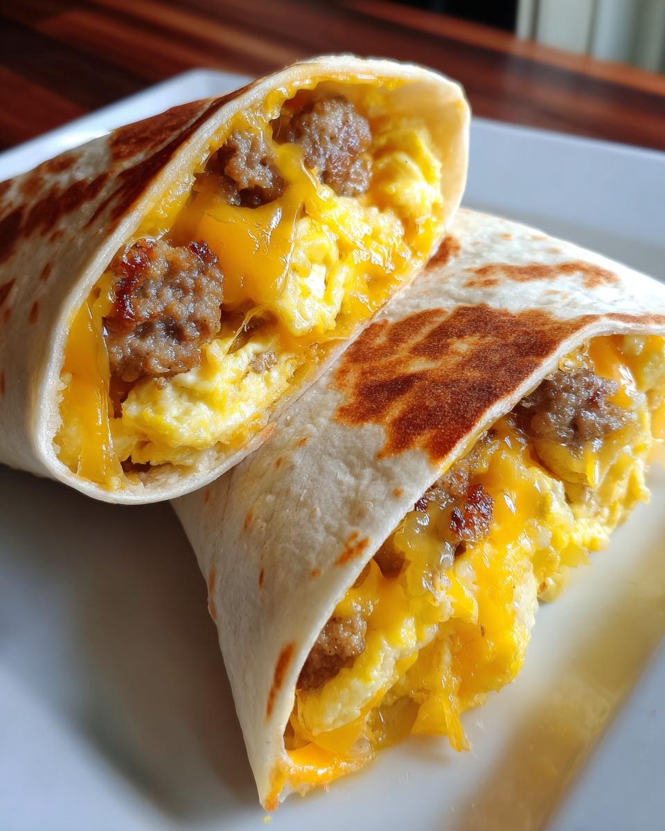 Close-up of two halves of a sausage egg wrap, filled with scrambled eggs, sausage crumbles, and melted cheddar cheese.
