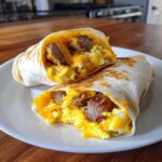 Close-up of two halves of a sausage egg wrap, filled with scrambled eggs, sausage, and melted cheese.