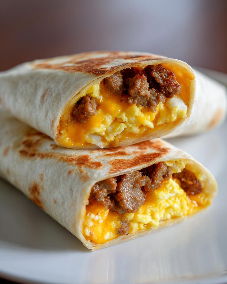 Close-up of two halves of a sausage egg wrap, revealing scrambled eggs, melted cheese, and crumbled sausage.