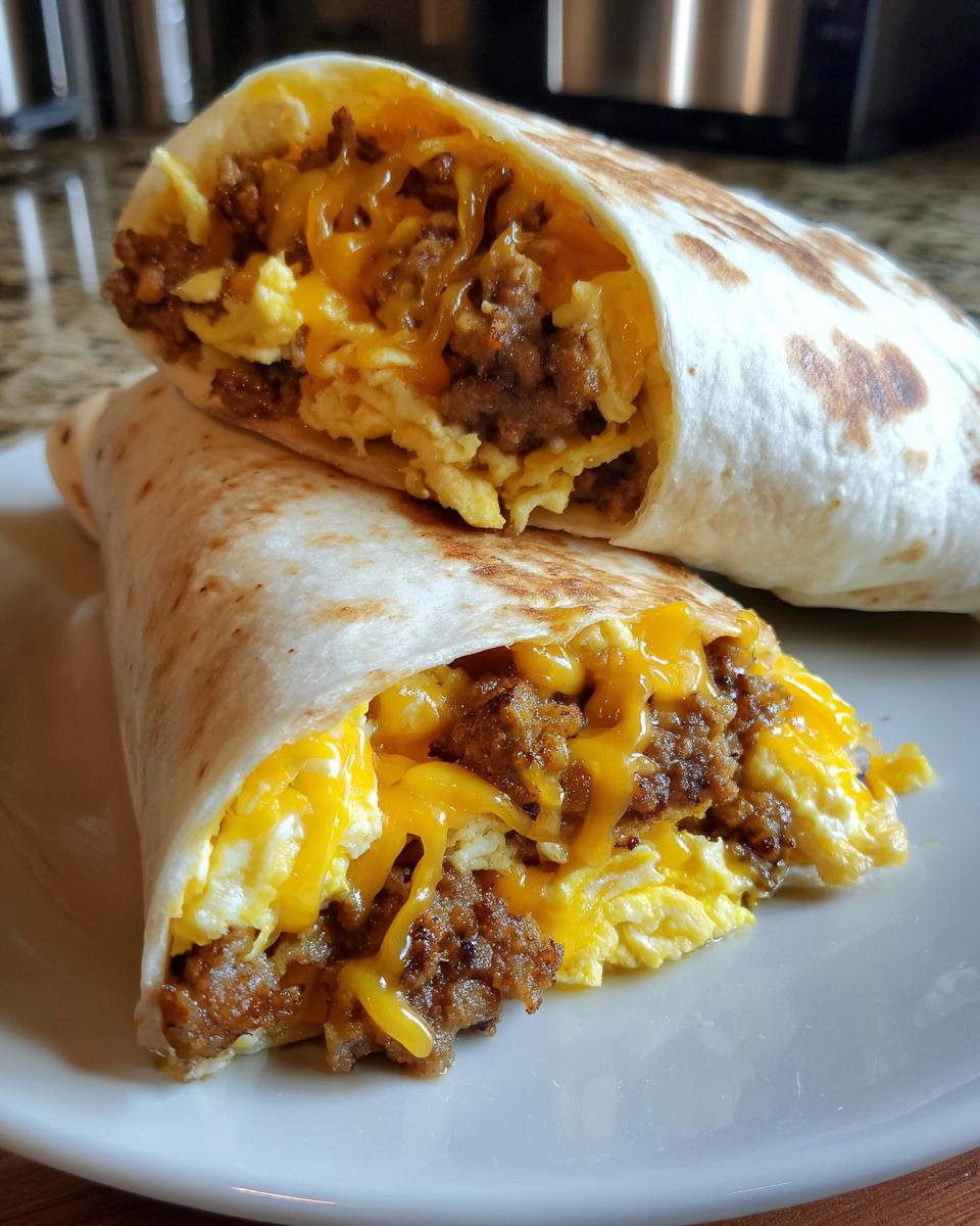 Close-up of two halves of a sausage egg wrap, showing scrambled eggs, seasoned sausage, and melted cheddar cheese inside a tortilla.