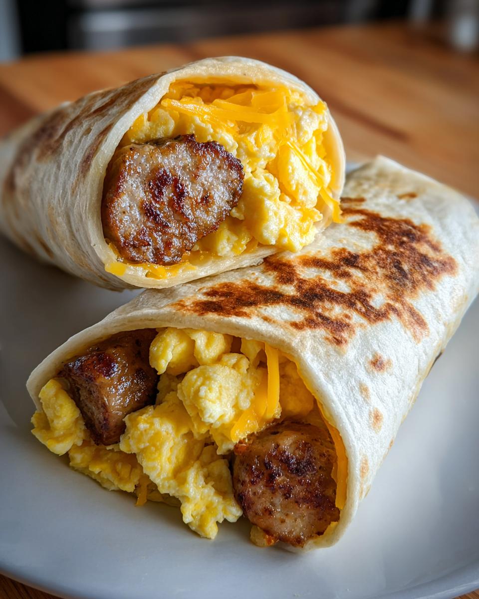Close-up of two halves of sausage egg wraps filled with scrambled eggs, sausage, and shredded cheese.