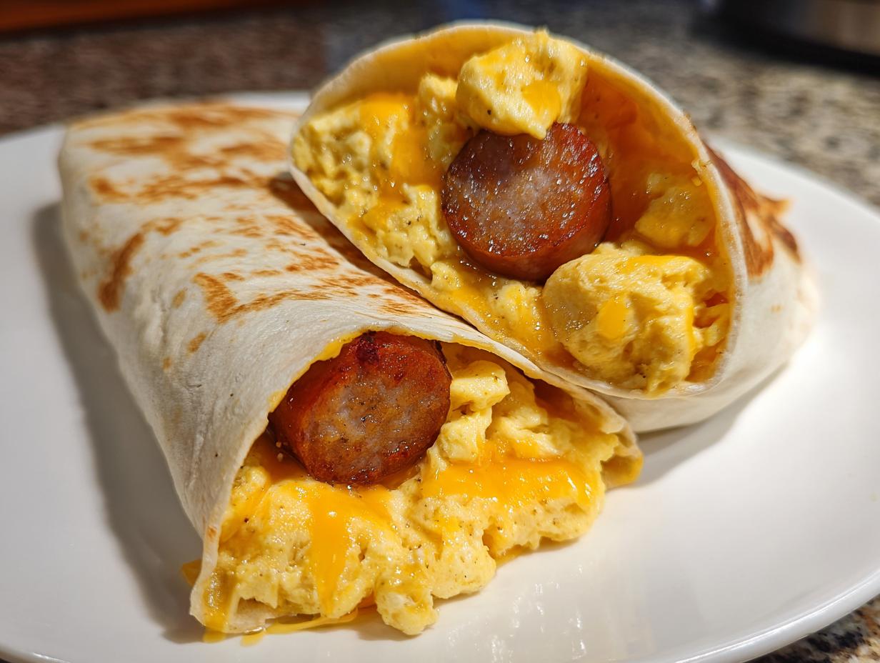 Close-up of two amazing sausage egg wraps, one cut in half to reveal scrambled eggs, melted cheese, and a sausage link.