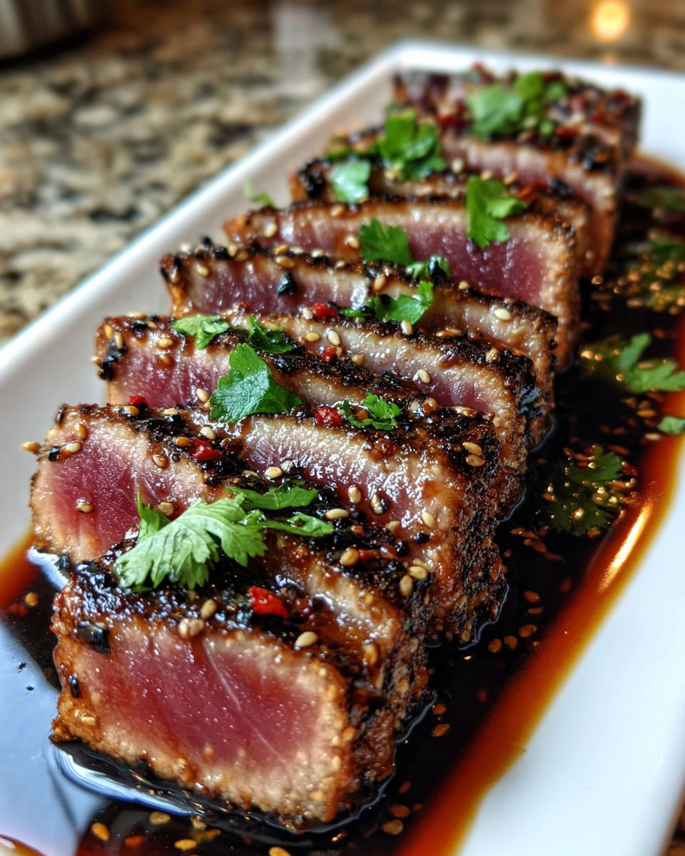 Close-up of perfectly seared ahi tuna slices coated in sesame seeds and spices, drizzled with sauce.