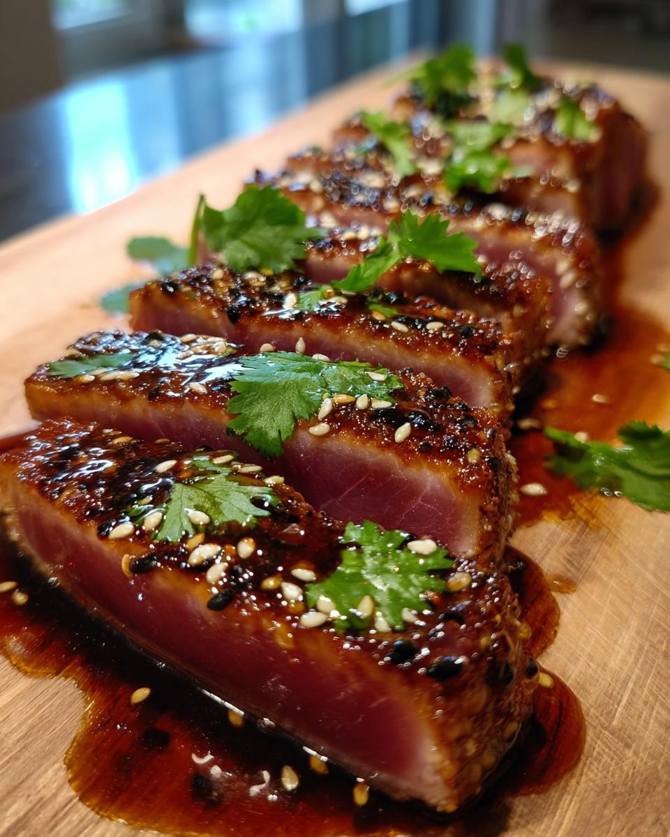 Close-up of perfectly seared ahi tuna slices, coated in sesame seeds and drizzled with a glossy sauce, garnished with cilantro.