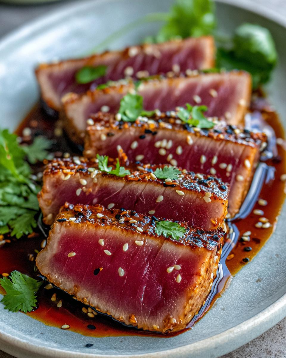 Close-up of perfectly seared ahi tuna steaks, coated in sesame seeds and drizzled with sauce, garnished with cilantro.