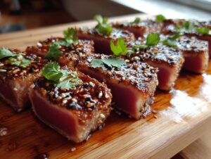 Close-up of perfectly seared ahi tuna bites, coated in sesame seeds and a glossy glaze, garnished with fresh cilantro.