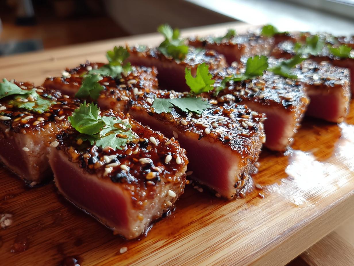Close-up of perfectly seared ahi tuna bites, coated in sesame seeds and a glossy glaze, garnished with fresh cilantro.