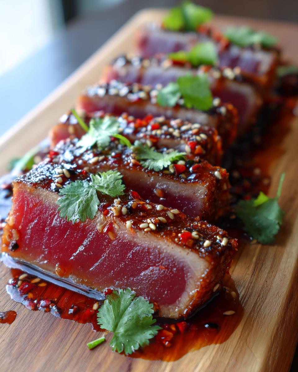Close-up of perfectly seared ahi tuna slices, coated in sesame seeds and a glistening sauce, garnished with cilantro.
