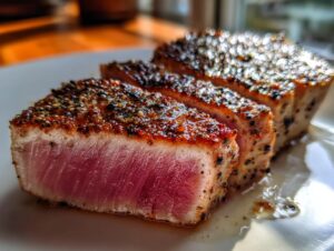 Close-up of three perfectly seared tuna steaks, seasoned with pepper and spices, with a vibrant pink interior.