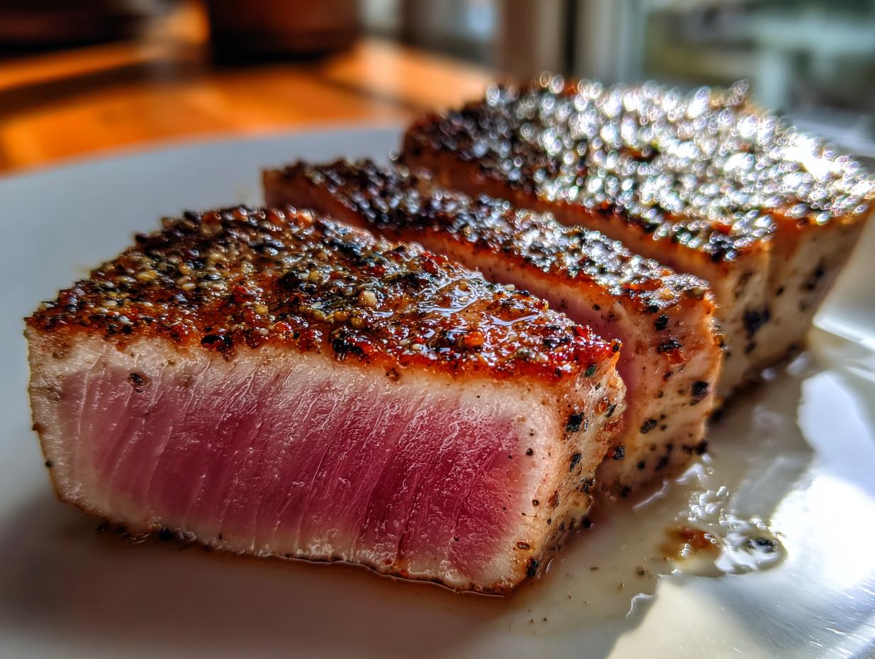 Close-up of three perfectly seared tuna steaks, seasoned with pepper and spices, with a vibrant pink interior.
