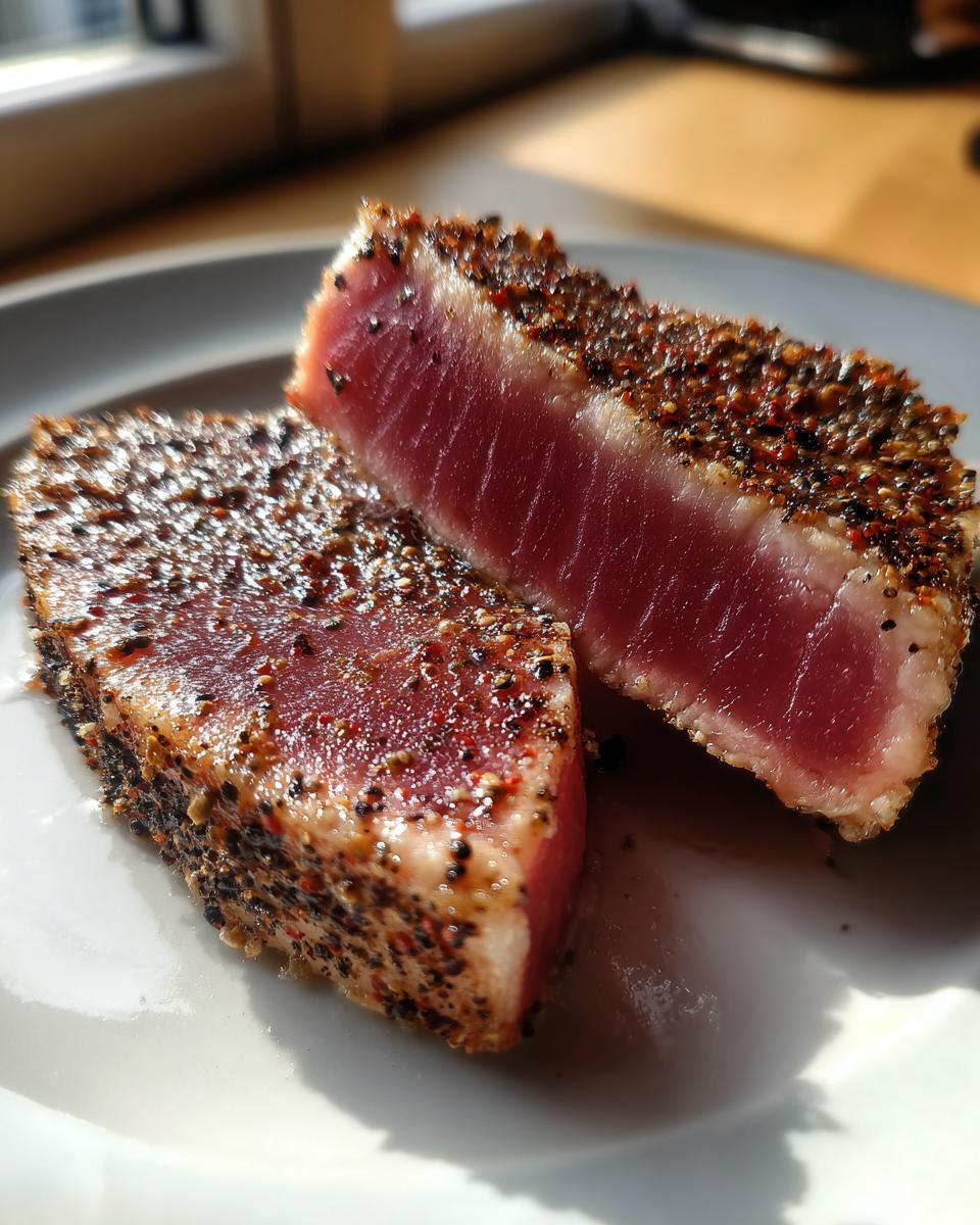 Close-up of two perfectly seared Tuna Steaks, coated in a pepper crust, on a white plate.