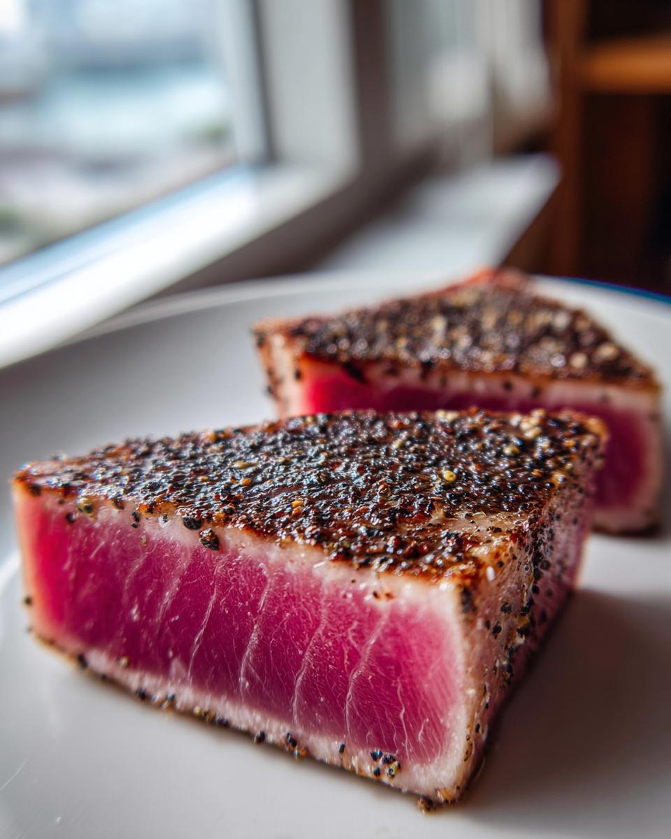 Close-up of two perfectly seared Tuna Steaks, coated in a coarse black pepper crust, on a white plate.