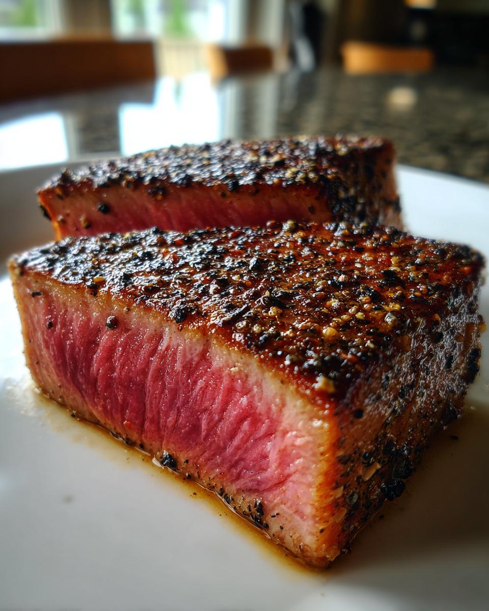 Close-up of two perfectly seared Tuna Steaks, seasoned with black pepper and spices, showing a rare, pink interior.