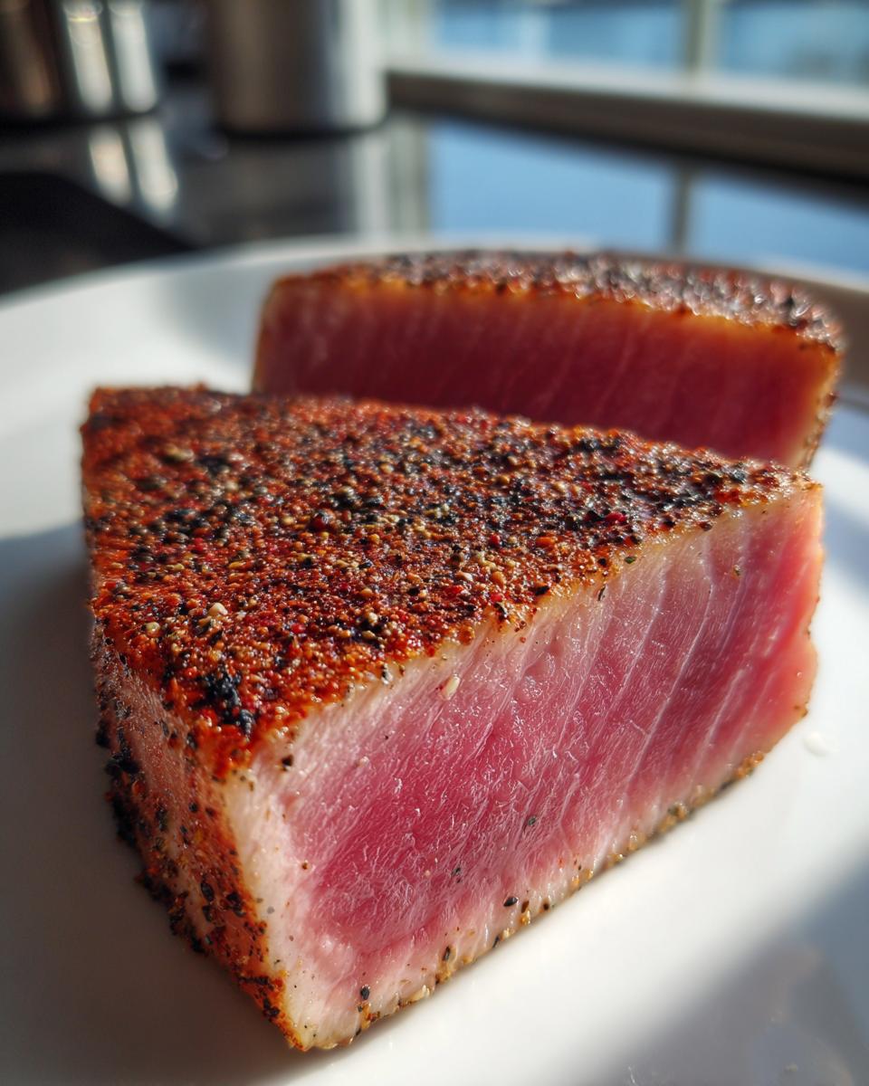 Close-up of two perfectly seared Tuna Steaks on a white plate, seasoned with a blend of spices and pepper.