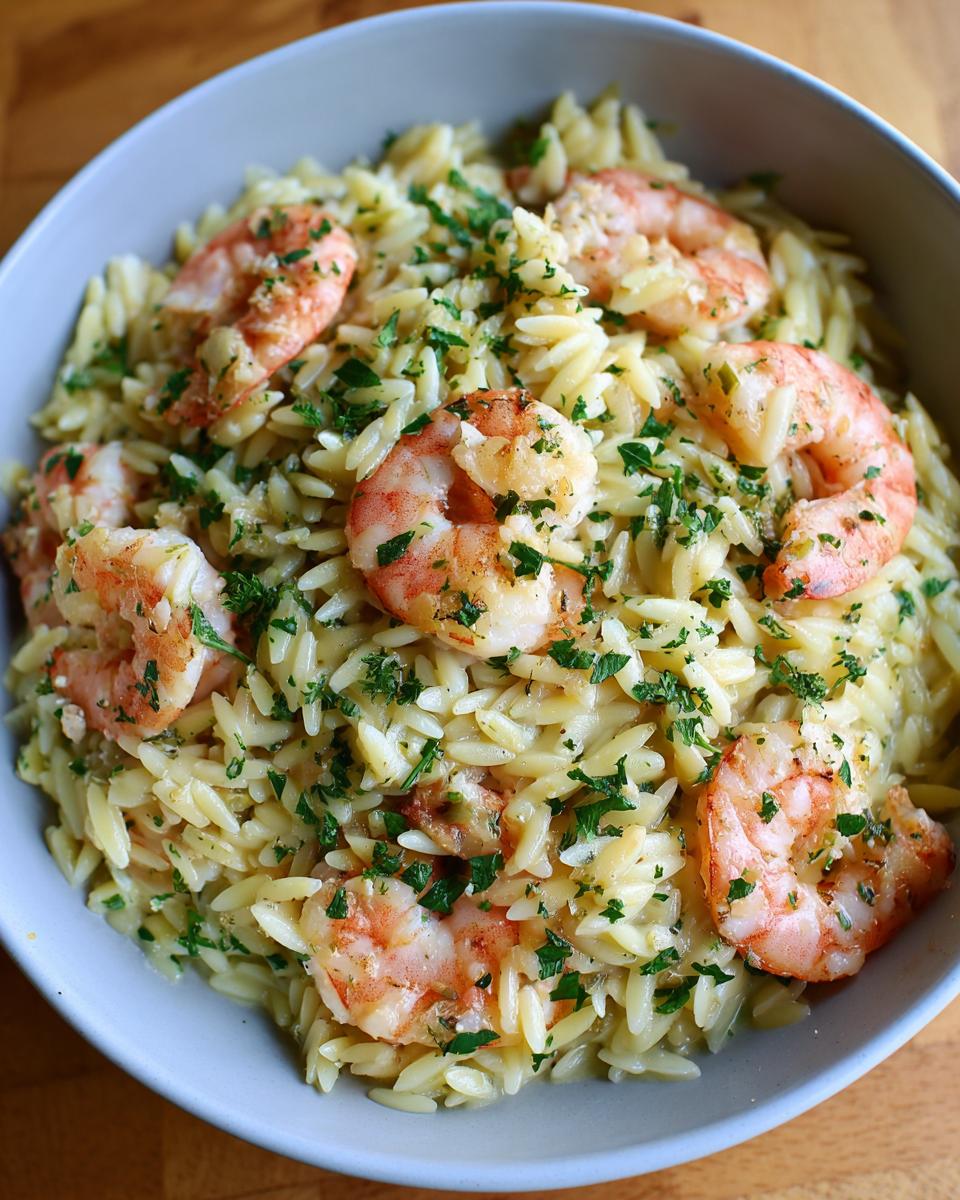 A close-up of shrimp orzo in a lemon garlic sauce, garnished with fresh parsley.