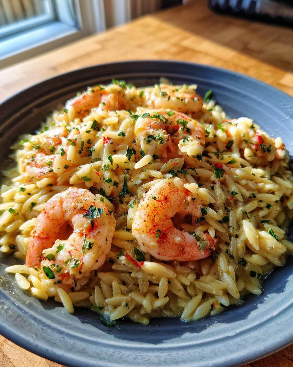 A close-up of shrimp orzo in a creamy lemon garlic sauce, garnished with fresh parsley.