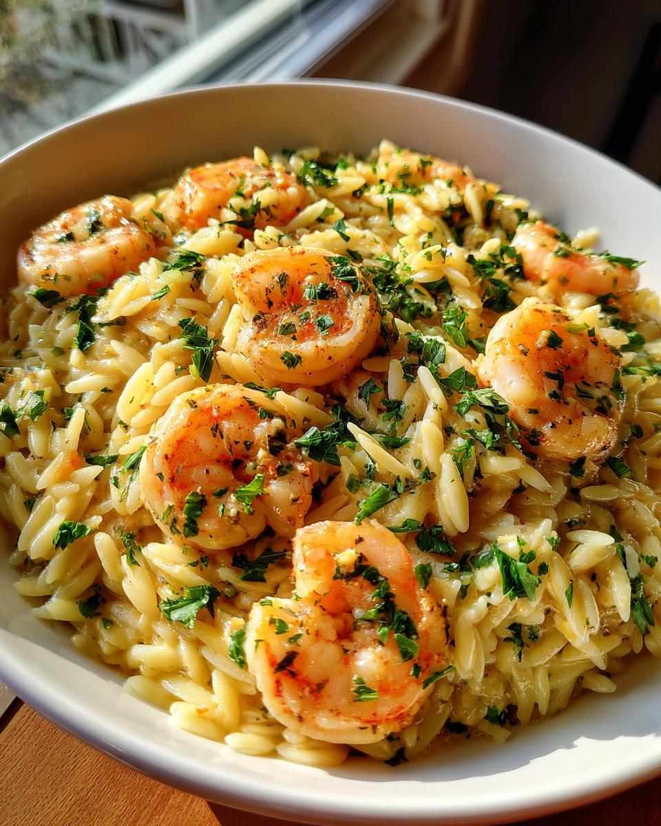 A close-up of shrimp orzo in a creamy lemon garlic sauce, garnished with fresh parsley.